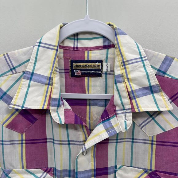 VTG Panhandle Slim Pearl Snap Western Shirt Mens 17.5 x 36 Purple White Plaid LS - Picture 4 of 8